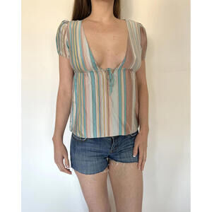 Pastel Blue and Yellow Striped Silky Summer Tie Blouse